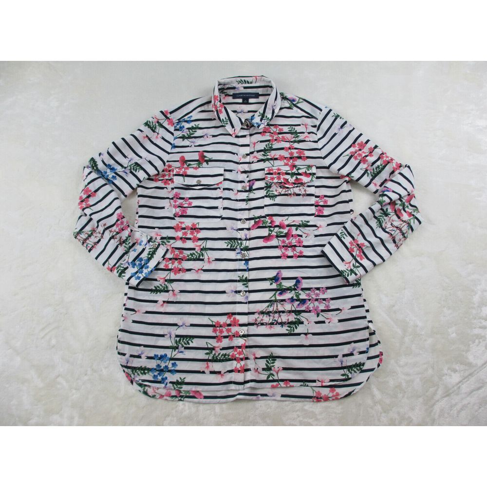 Tommy Hilfiger Shirt Womens Medium White Floral Blouse Buttons Casual Ladies